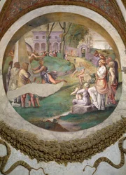 Scène die laat zien dat degenen die geboren zijn onder het teken Tweelingen in combinatie met het sterrenbeeld Haas een aanleg hebben om snel te rennen, gesymboliseerd door de race tussen Hippomenes en Atalanta